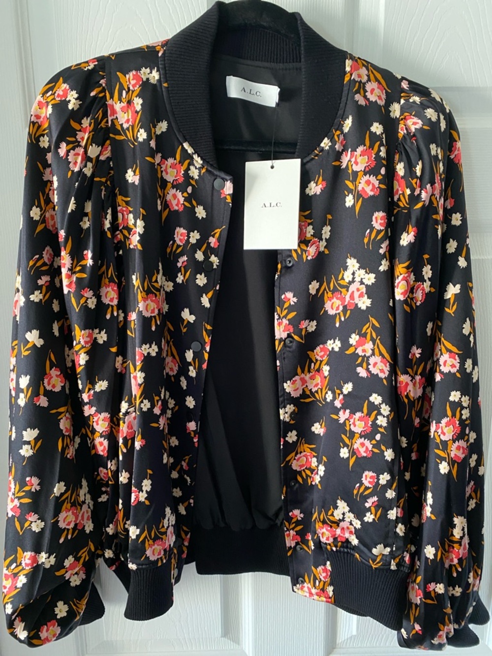 A.L.C. Black Floral Bomber Jacket with Pink and Cream Flowers silk